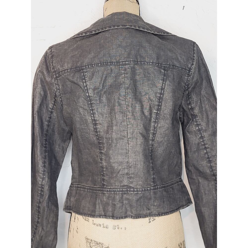 CAbi Charcoal Coated Linen Draped Ruffle Collar Cropped Moto Jacket Medium - Picture 10 of 13